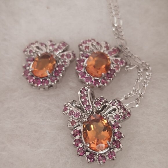 Women's 16" Sterling Silver Necklace & Pendant & Earrings Citrine & Garnet - Picture 1 of 10